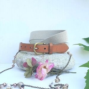 LL BEAN Leather & Weave, Tan and Cream Belt, Metal Buckle, Sz XS-S